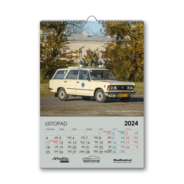 Kalendarz 2024 z klasykami motoryzacji Polski Fiat 125p Ambulans